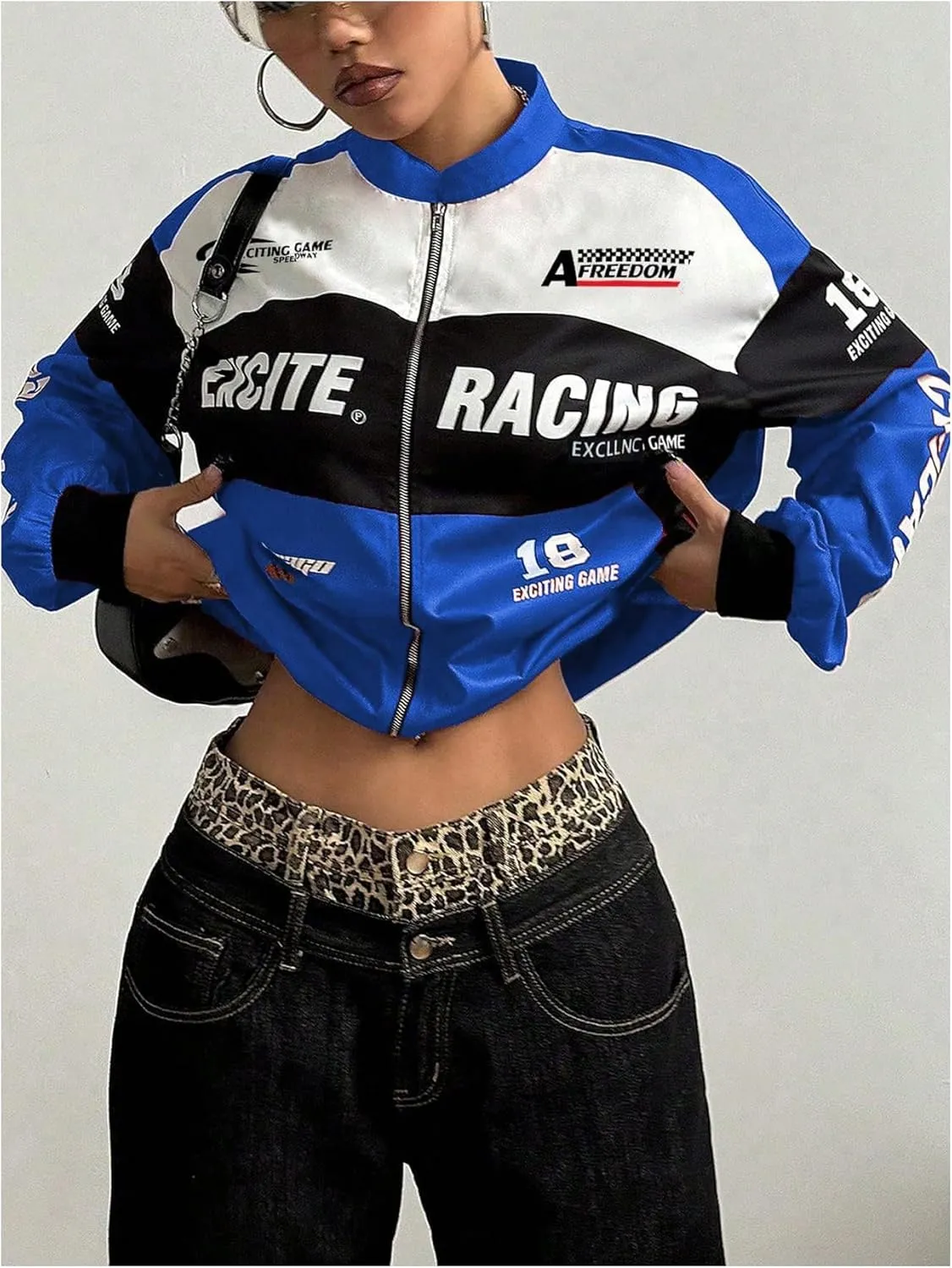 SOLY HUX Women's Bomber Jacket Long Sleeve Zip Up Racing Jackets Color Block Y2k Outerwear Vintage Streetwear