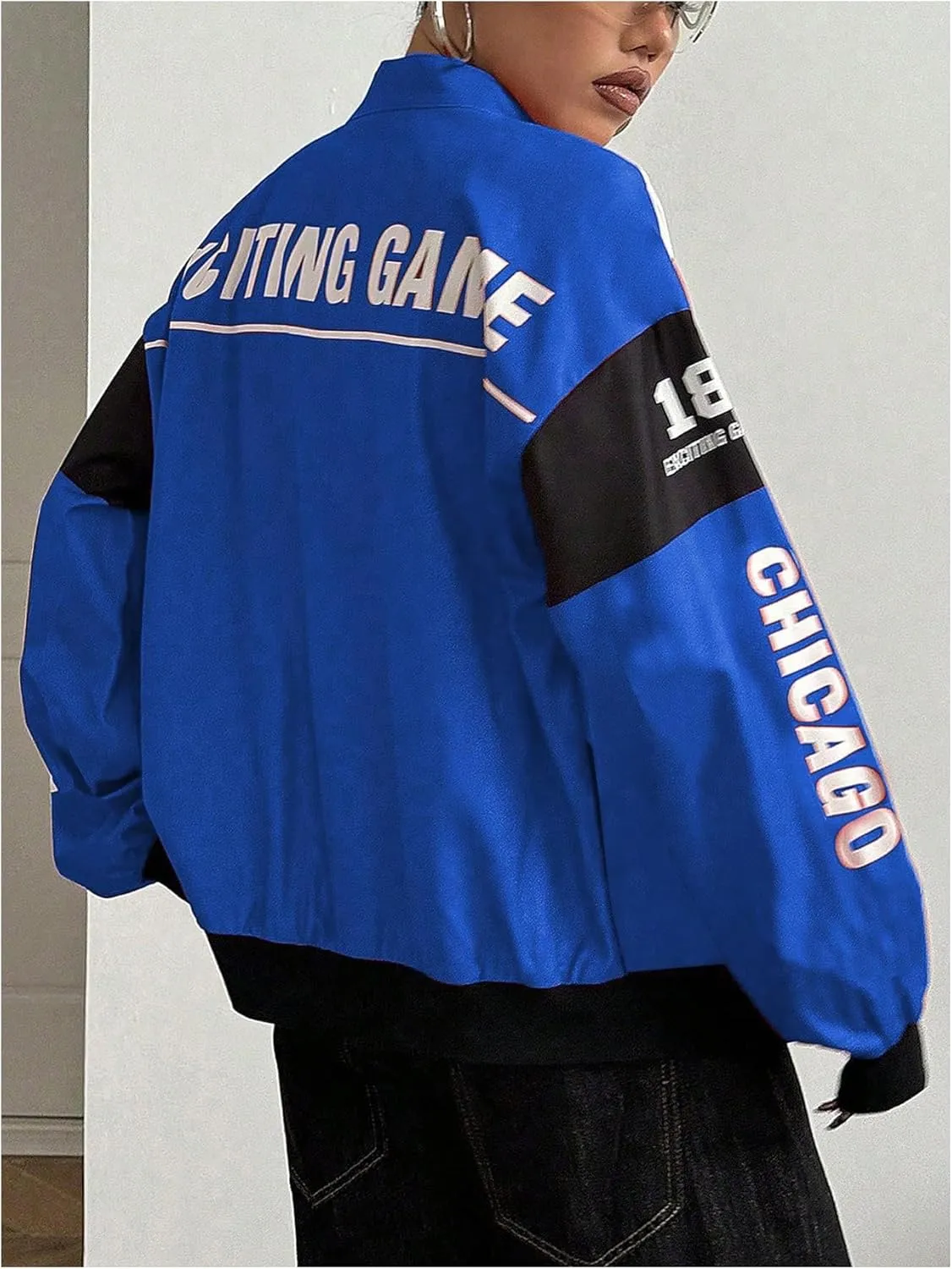 SOLY HUX Women's Bomber Jacket Long Sleeve Zip Up Racing Jackets Color Block Y2k Outerwear Vintage Streetwear