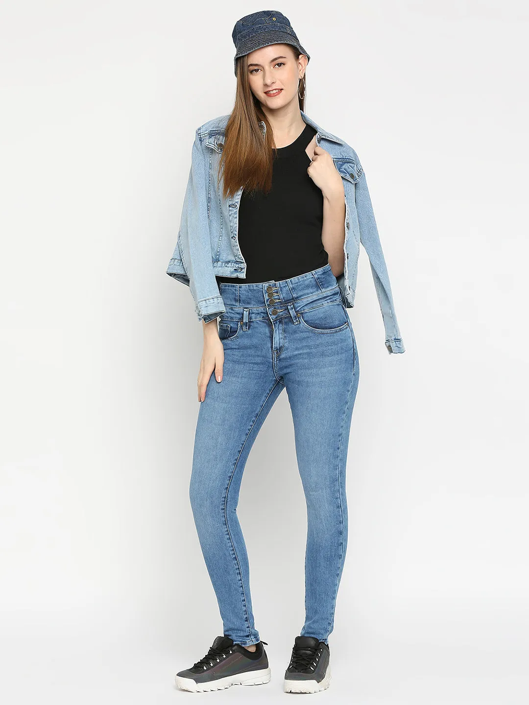 Spykar Mid Blue Cotton Super Skinny Regular Length Jeans For Women (Alicia)