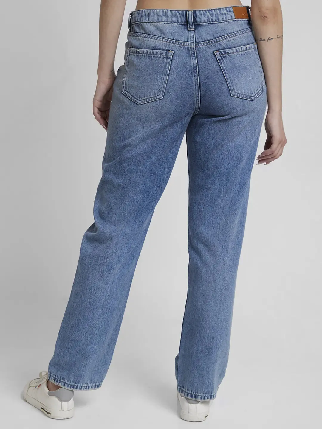 Spykar Women Light Blue Cotton Straight Fit Regular Length Low Distressed Jeans -(Bella)