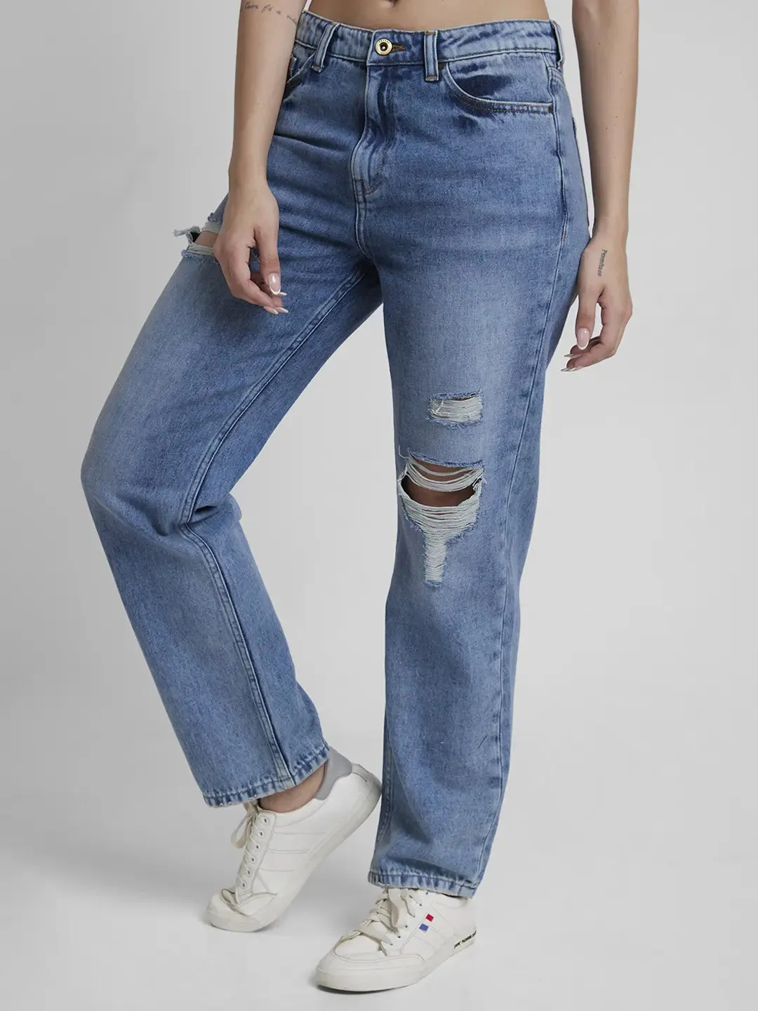 Spykar Women Light Blue Cotton Straight Fit Regular Length Low Distressed Jeans -(Bella)