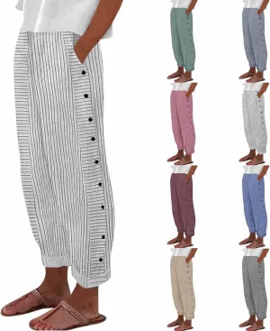 Striped Linen Pants Women Elastic Waist Casual Pants with Pockets Side Button Straight Leg Trousers Vacation Beach Pants