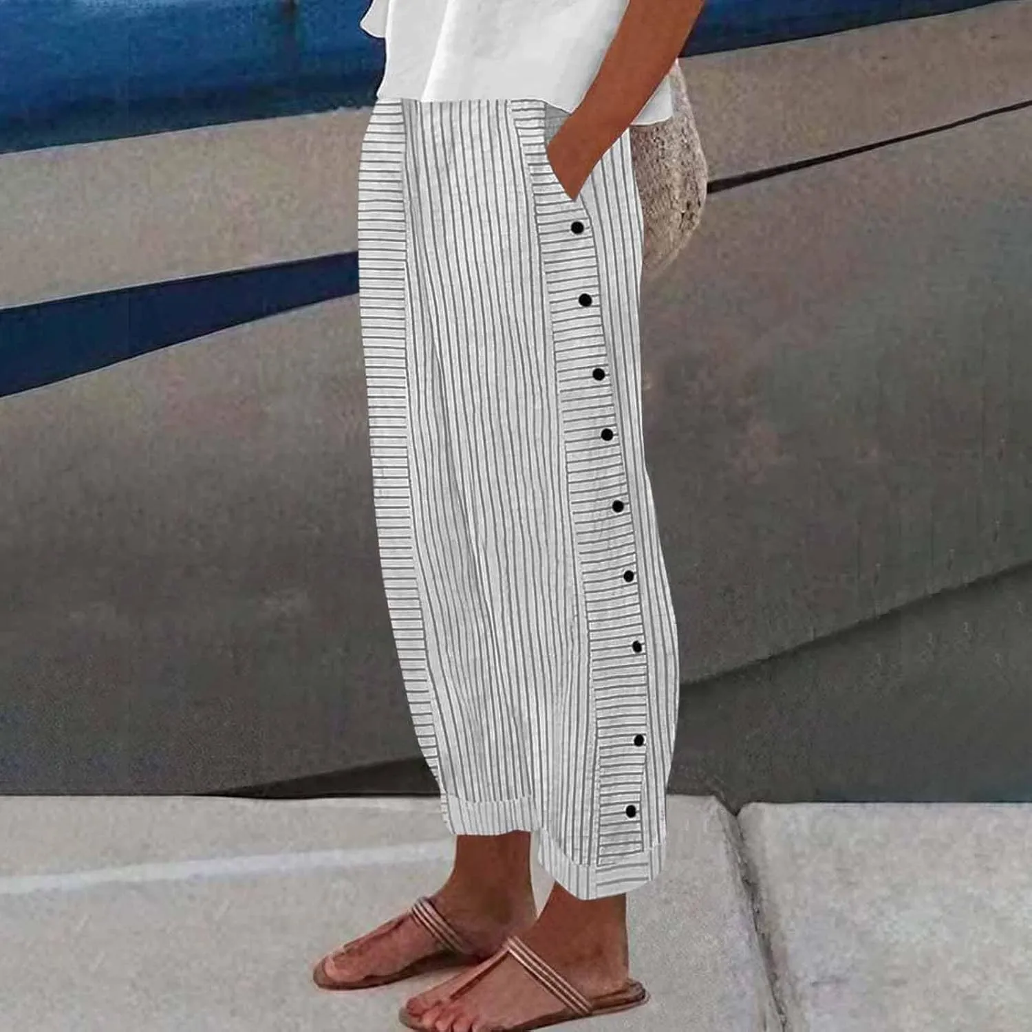 Striped Linen Pants Women Elastic Waist Casual Pants with Pockets Side Button Straight Leg Trousers Vacation Beach Pants