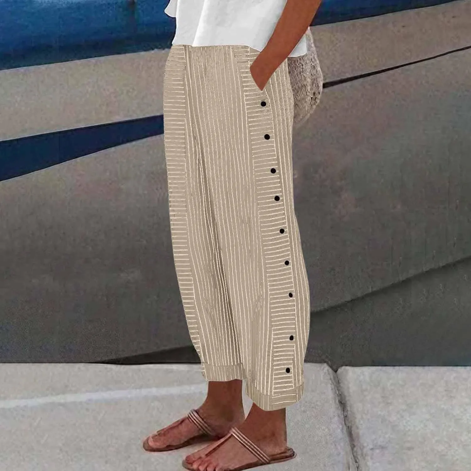 Striped Linen Pants Women Elastic Waist Casual Pants with Pockets Side Button Straight Leg Trousers Vacation Beach Pants