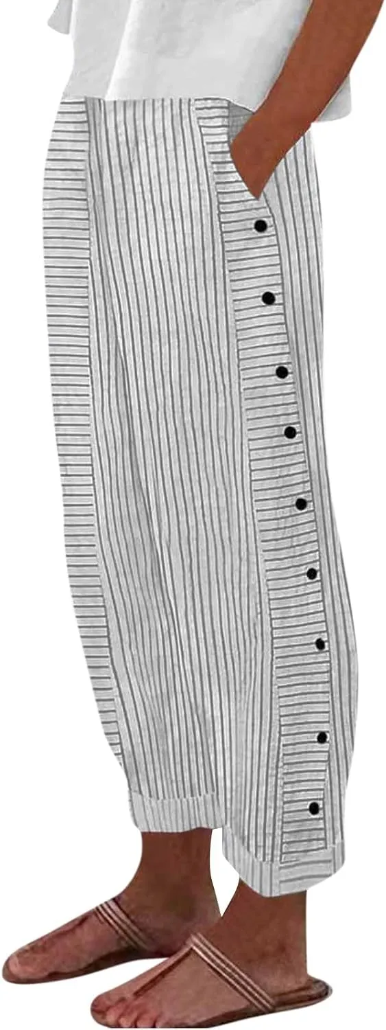 Striped Linen Pants Women Elastic Waist Casual Pants with Pockets Side Button Straight Leg Trousers Vacation Beach Pants