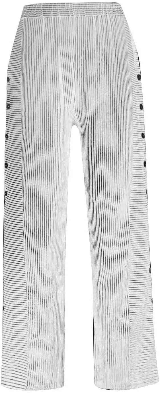 Striped Linen Pants Women Elastic Waist Casual Pants with Pockets Side Button Straight Leg Trousers Vacation Beach Pants