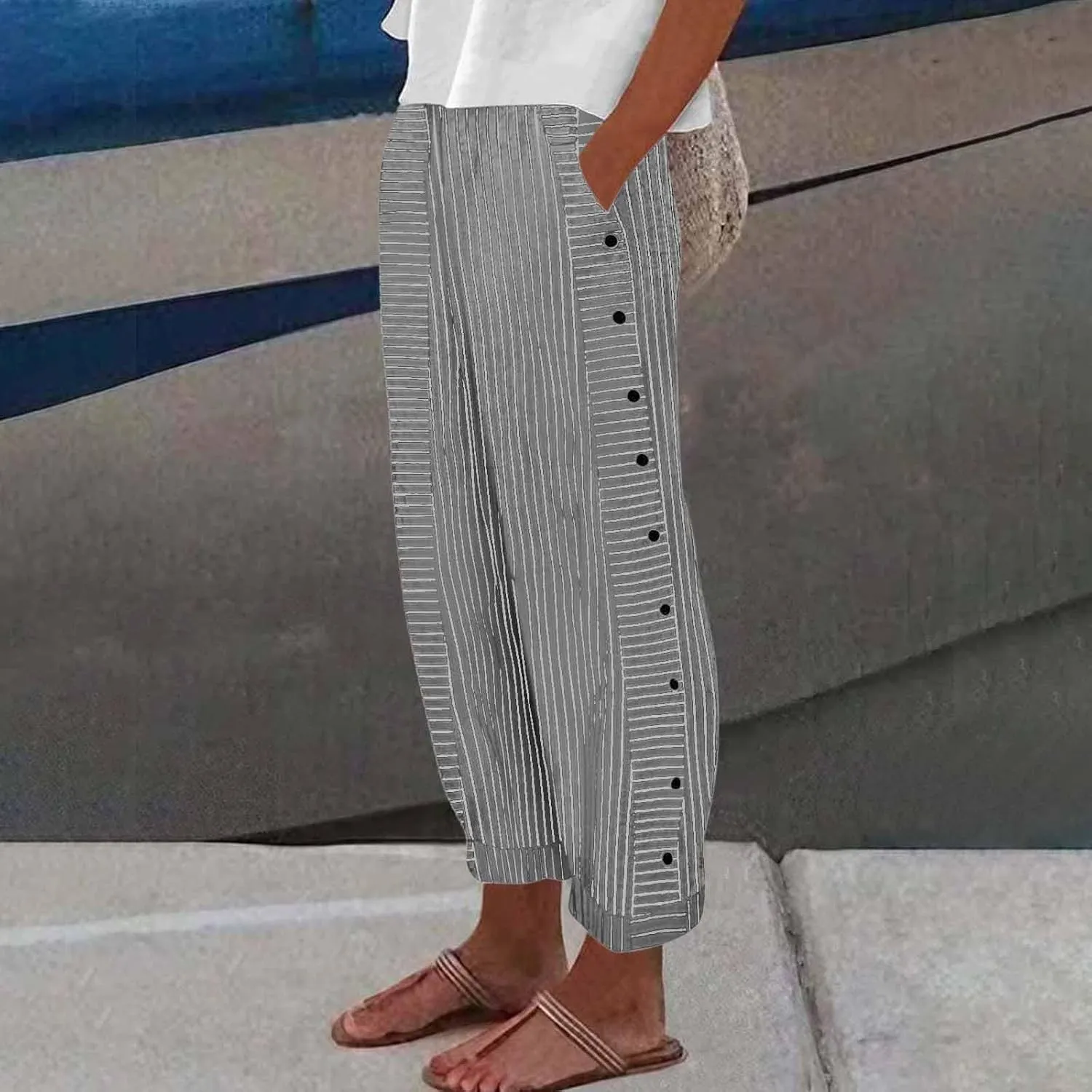 Striped Linen Pants Women Summer Wide Leg Gauze Pinstripe Pants Beach Vacation Lounge Linen Trousers with Pockets