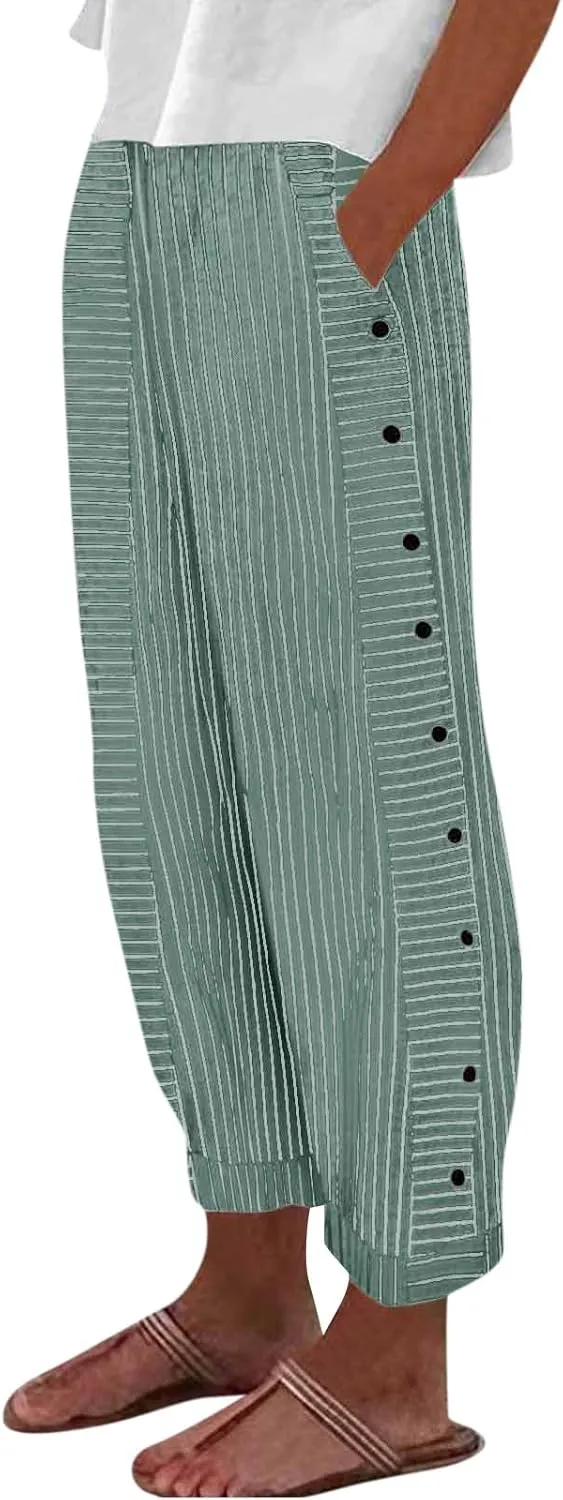 Striped Linen Pants Women Summer Wide Leg Gauze Pinstripe Pants Beach Vacation Lounge Linen Trousers with Pockets