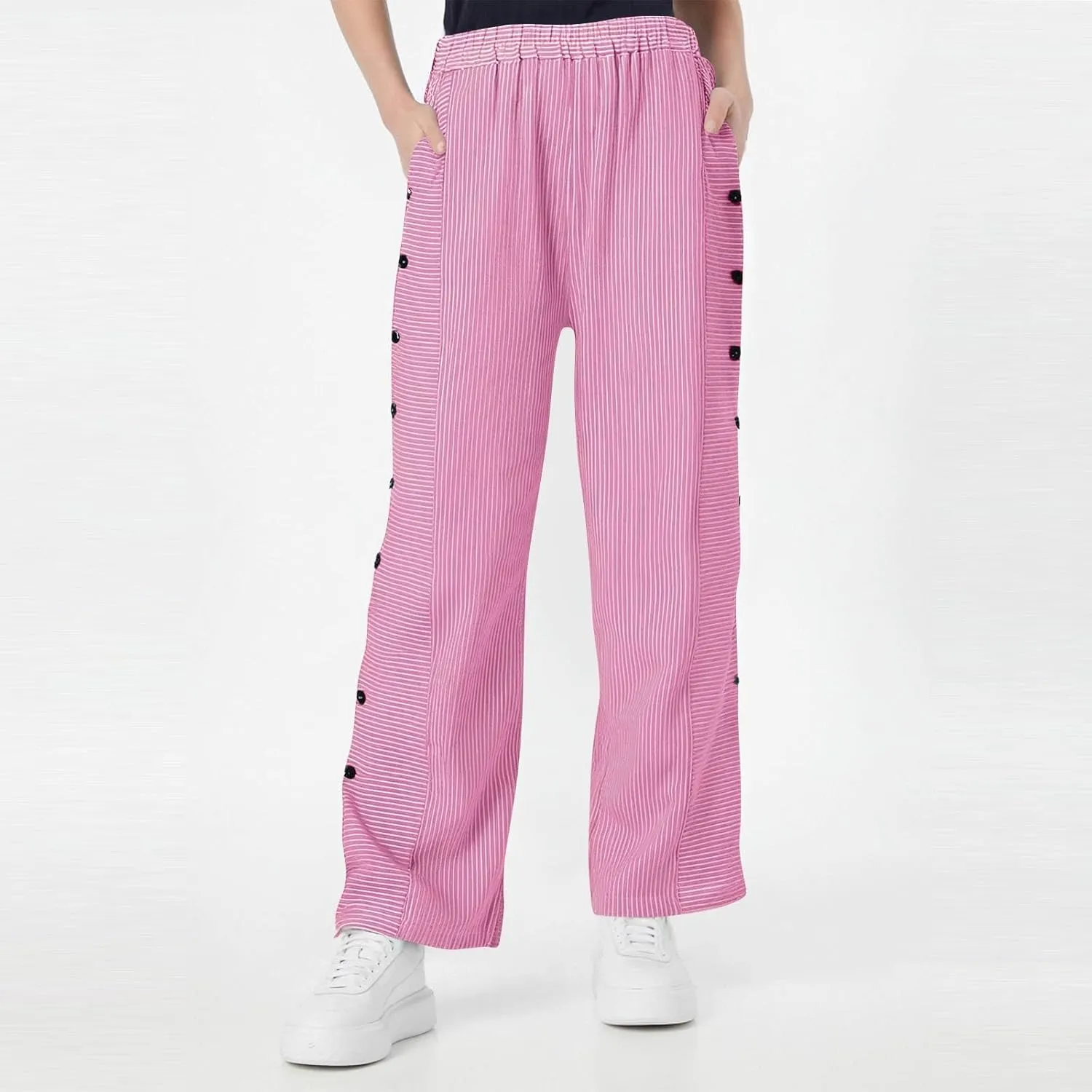 Striped Linen Pants Women Summer Wide Leg Gauze Pinstripe Pants Beach Vacation Lounge Linen Trousers with Pockets