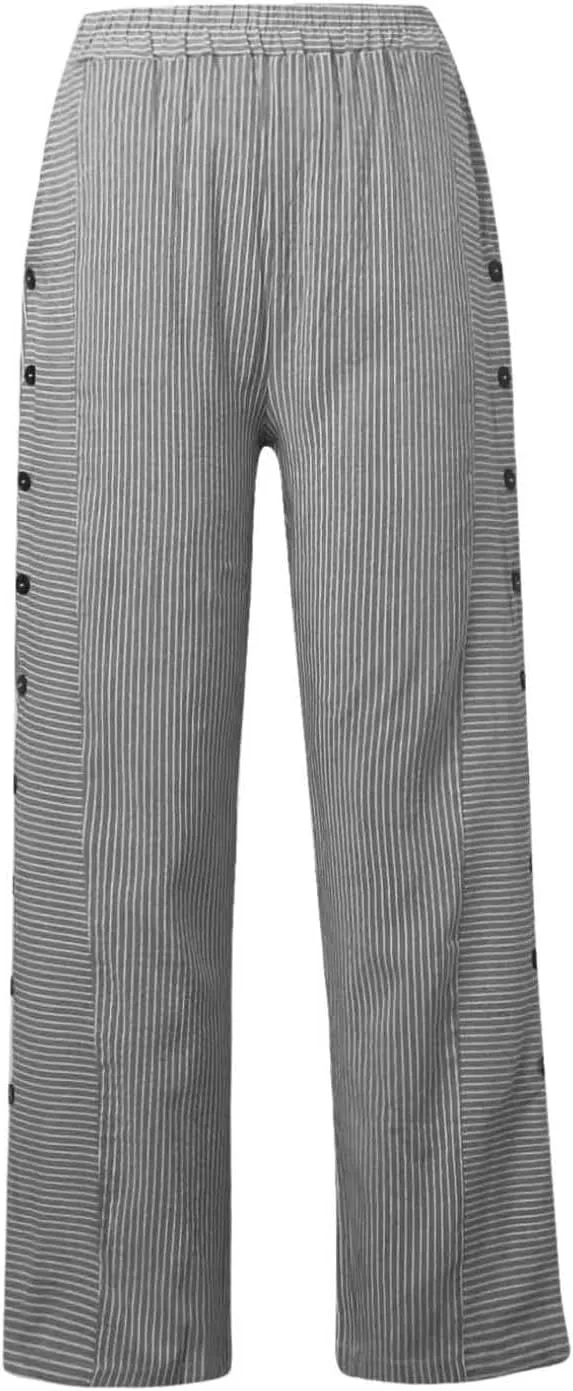 Striped Linen Pants Women Summer Wide Leg Gauze Pinstripe Pants Beach Vacation Lounge Linen Trousers with Pockets