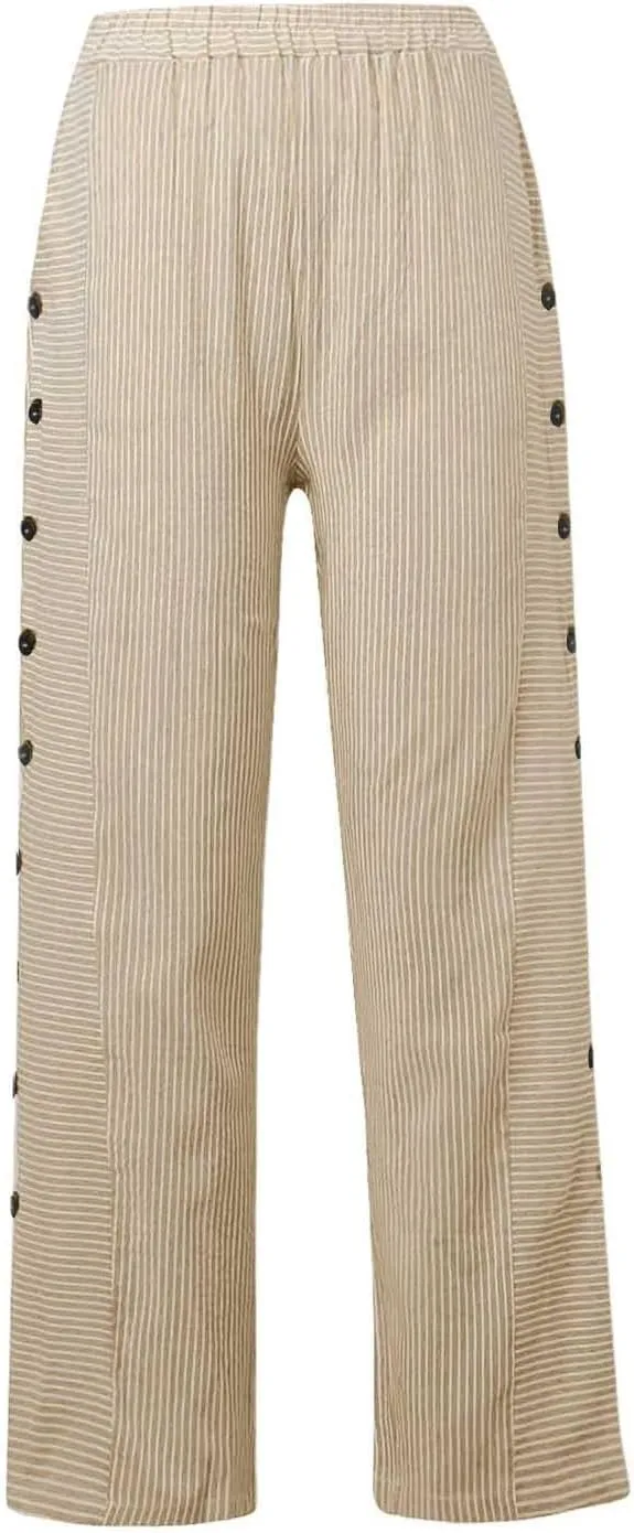 Striped Linen Pants Women Summer Wide Leg Gauze Pinstripe Pants Beach Vacation Lounge Linen Trousers with Pockets