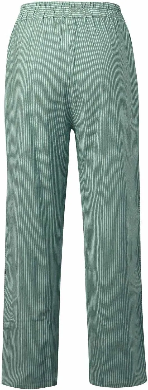 Striped Linen Pants Women Summer Wide Leg Gauze Pinstripe Pants Beach Vacation Lounge Linen Trousers with Pockets
