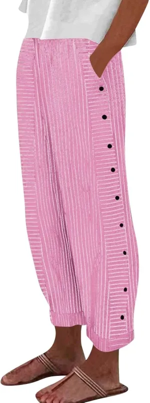 Striped Linen Pants Women Summer Wide Leg Gauze Pinstripe Pants Beach Vacation Lounge Linen Trousers with Pockets