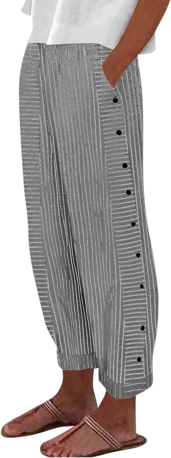 Striped Linen Pants Women Summer Wide Leg Gauze Pinstripe Pants Beach Vacation Lounge Linen Trousers with Pockets