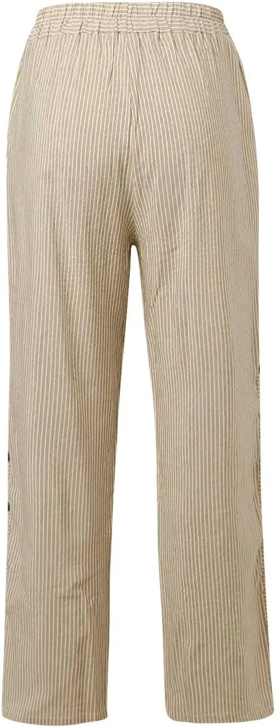 Striped Linen Pants Women Summer Wide Leg Gauze Pinstripe Pants Beach Vacation Lounge Linen Trousers with Pockets