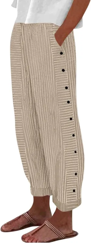 Striped Linen Pants Women Summer Wide Leg Gauze Pinstripe Pants Beach Vacation Lounge Linen Trousers with Pockets