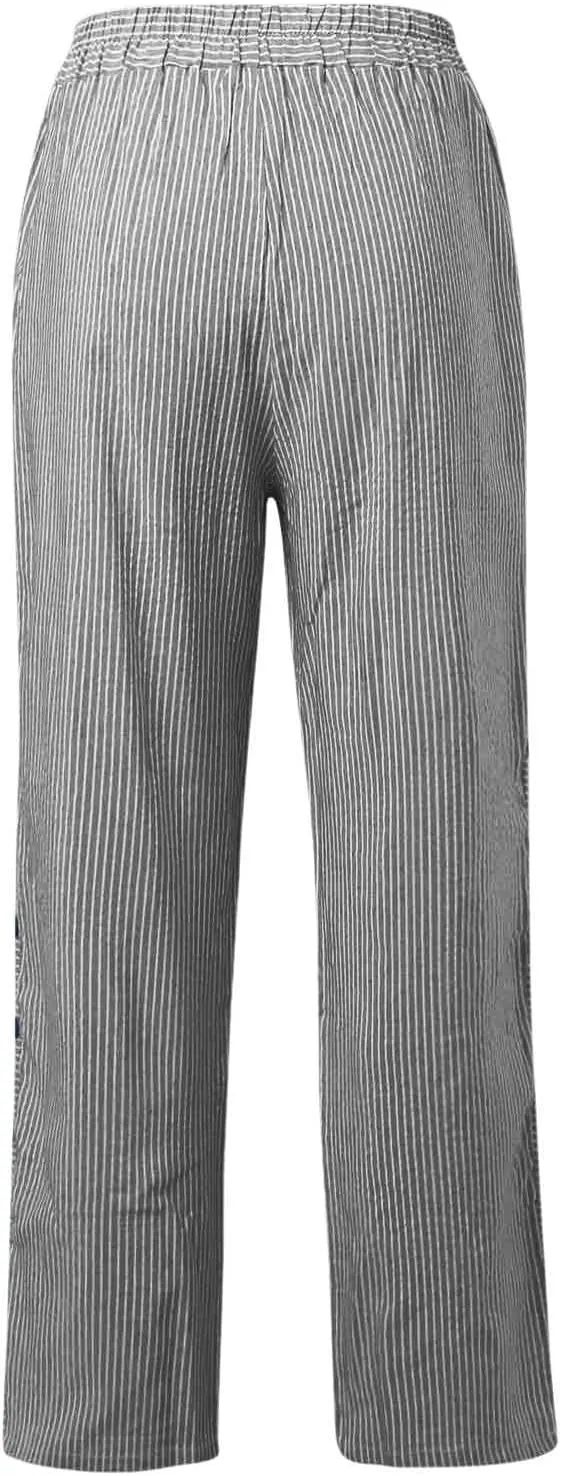 Striped Linen Pants Women Summer Wide Leg Gauze Pinstripe Pants Beach Vacation Lounge Linen Trousers with Pockets