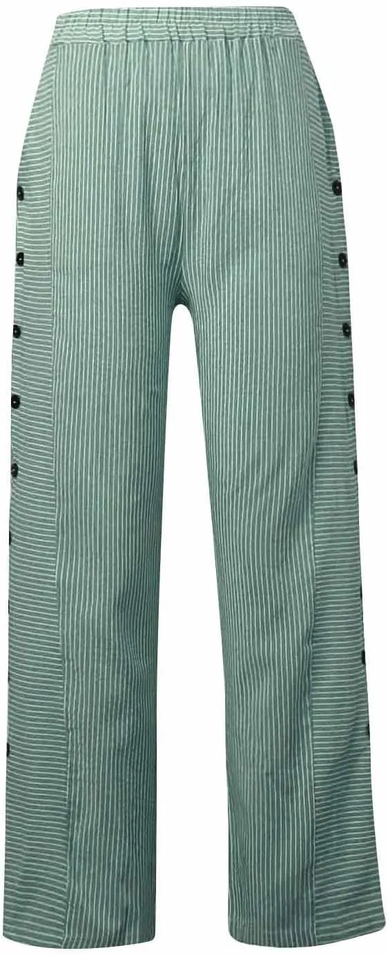 Striped Linen Pants Women Summer Wide Leg Gauze Pinstripe Pants Beach Vacation Lounge Linen Trousers with Pockets