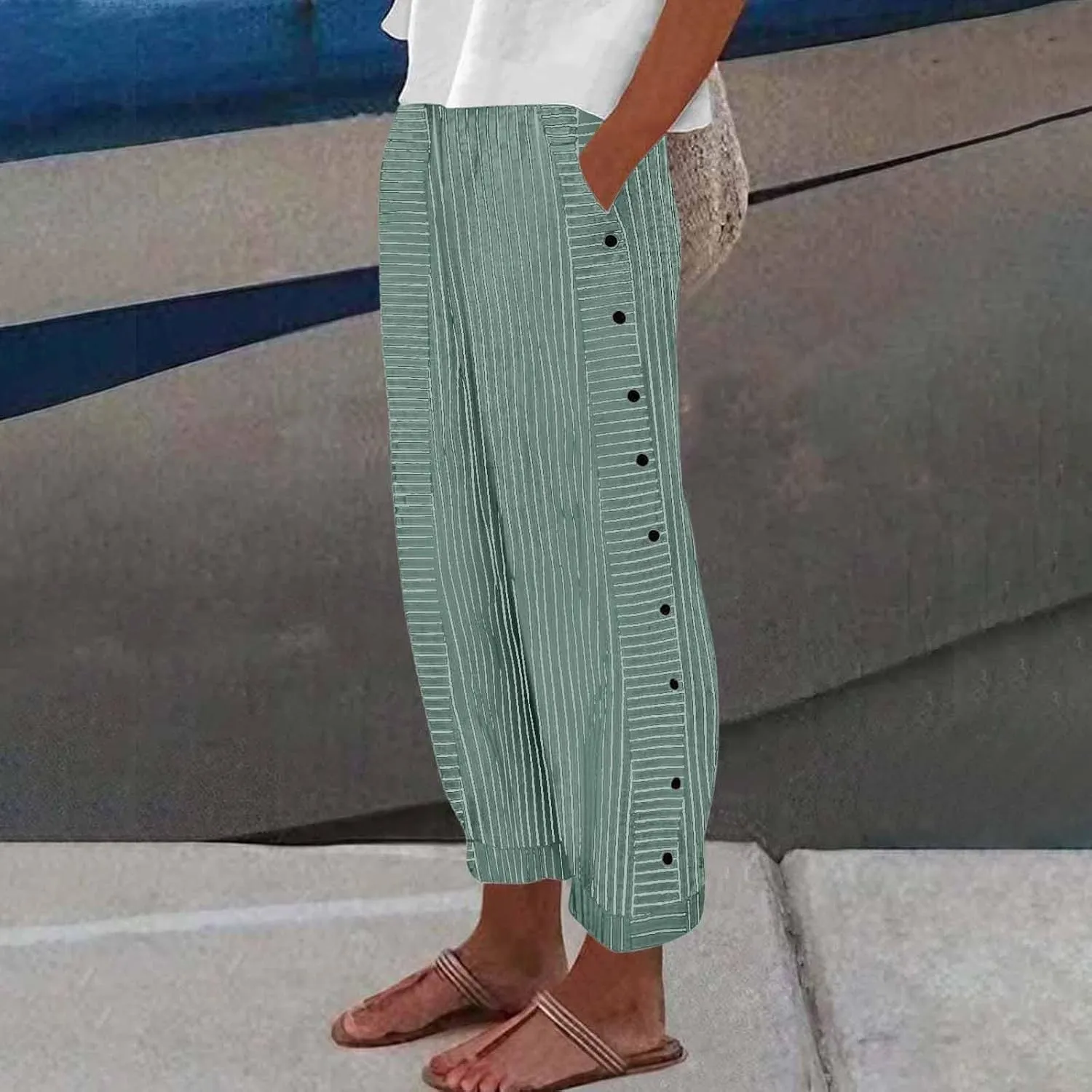 Striped Linen Pants Women Summer Wide Leg Gauze Pinstripe Pants Beach Vacation Lounge Linen Trousers with Pockets