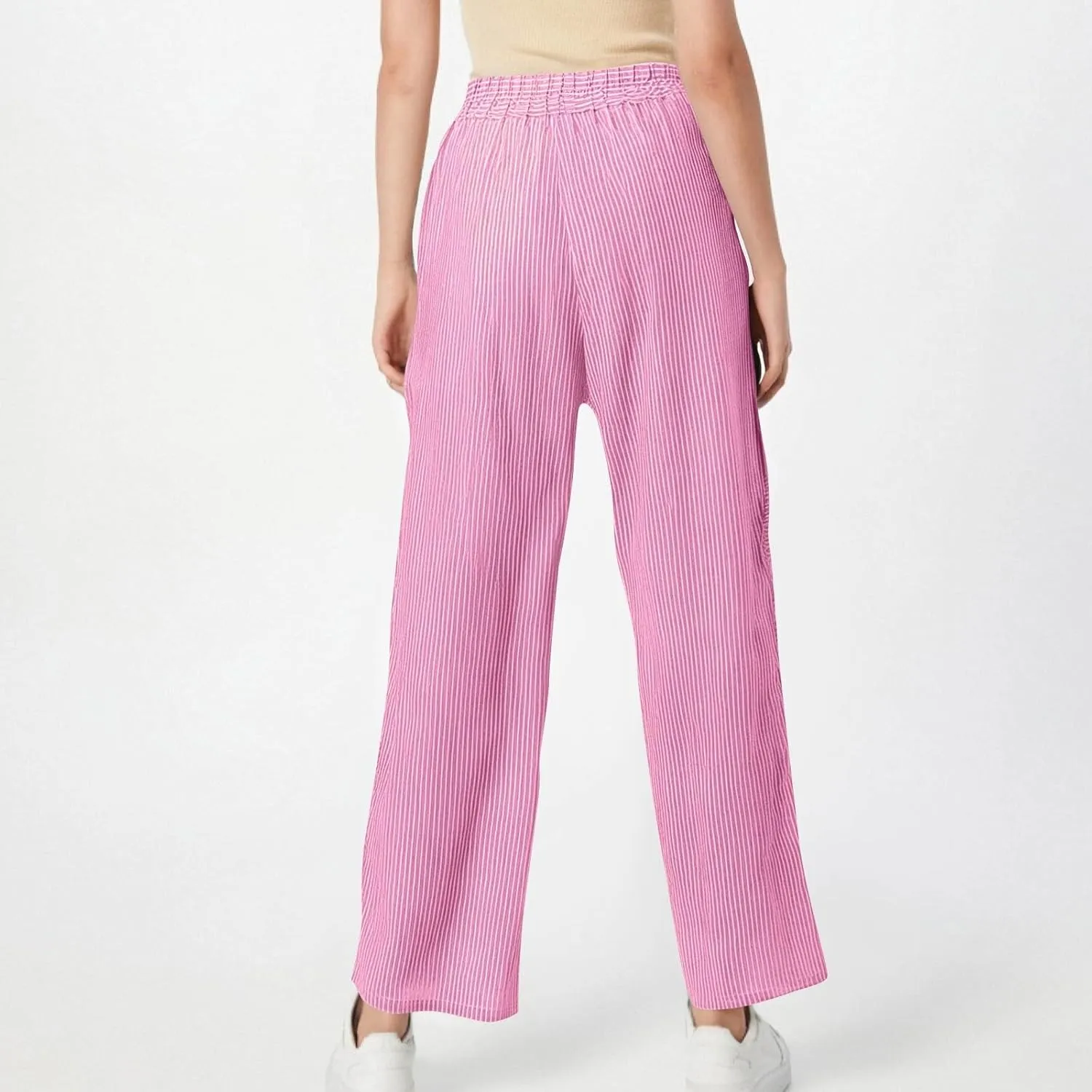 Striped Linen Pants Women Summer Wide Leg Gauze Pinstripe Pants Beach Vacation Lounge Linen Trousers with Pockets
