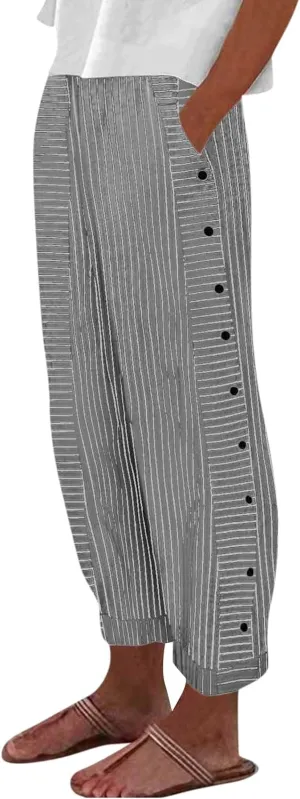 Striped Linen Pants Women Summer Wide Leg Gauze Pinstripe Pants Beach Vacation Lounge Linen Trousers with Pockets
