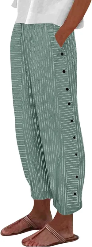 Striped Linen Pants Women Summer Wide Leg Gauze Pinstripe Pants Beach Vacation Lounge Linen Trousers with Pockets