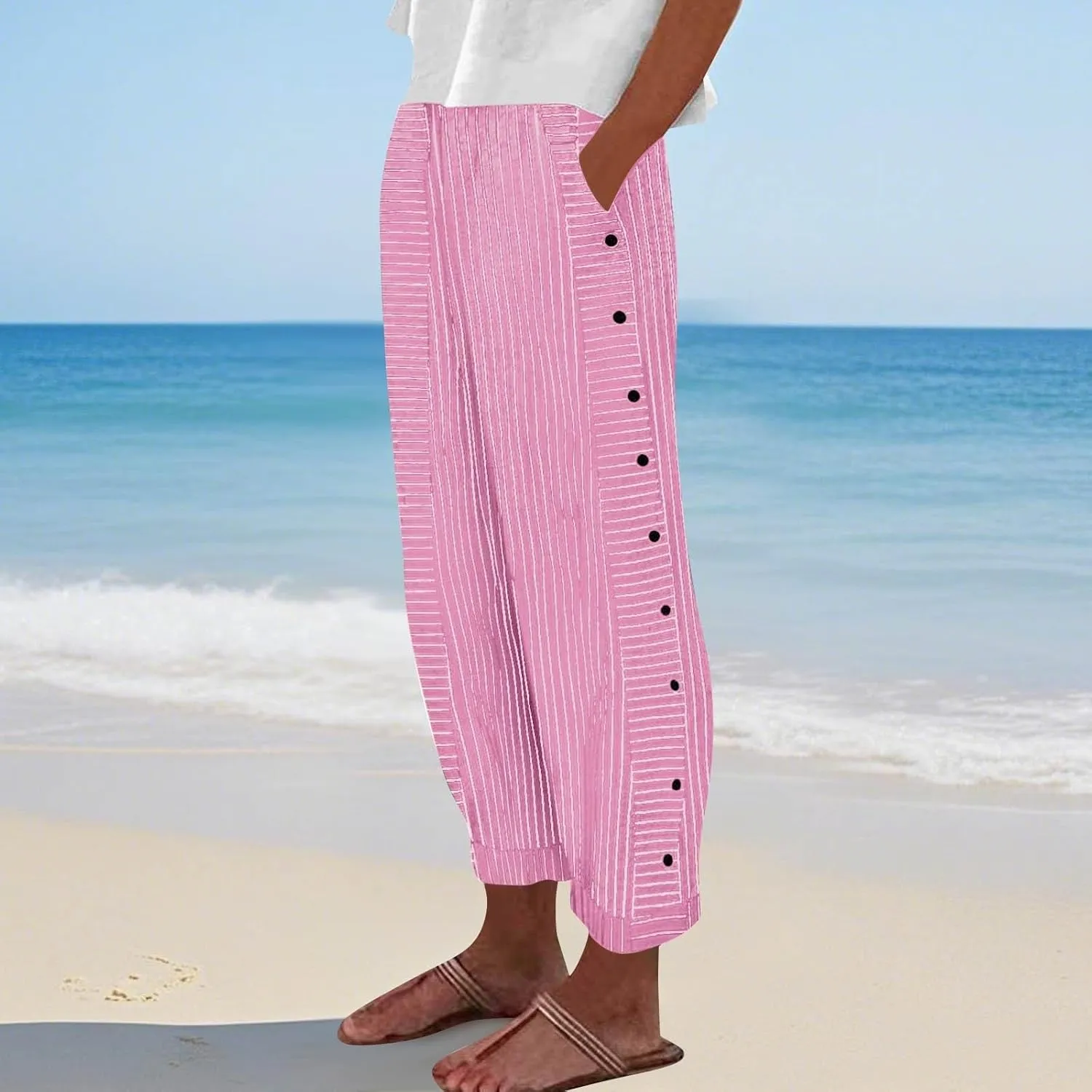 Striped Linen Pants Women Summer Wide Leg Gauze Pinstripe Pants Beach Vacation Lounge Linen Trousers with Pockets