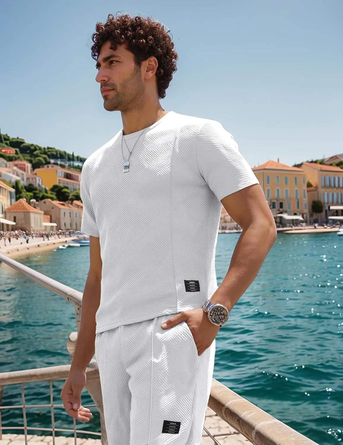 UOUA Mens Short Sets 2 Piece Summer Outfits Casual Short Sleeve Crew-Neck Shirts & Shorts Track Suit Jogging Loungewear