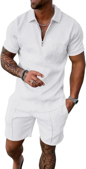 UOUA Mens Summer Track Suits 2 Piece Shorts Sets Short Sleeve Sweatsuit Outfits 1/4 Zip Golf Polo Shirts Loungewear
