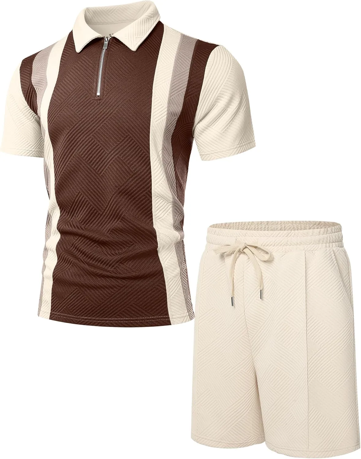 UOUA Mens Summer Track Suits 2 Piece Shorts Sets Short Sleeve Sweatsuit Outfits 1/4 Zip Golf Polo Splicing Striped Shirts