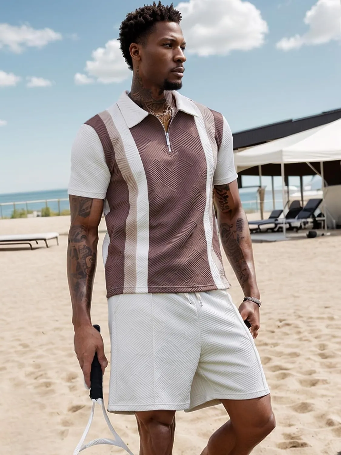 UOUA Mens Summer Track Suits 2 Piece Shorts Sets Short Sleeve Sweatsuit Outfits 1/4 Zip Golf Polo Splicing Striped Shirts