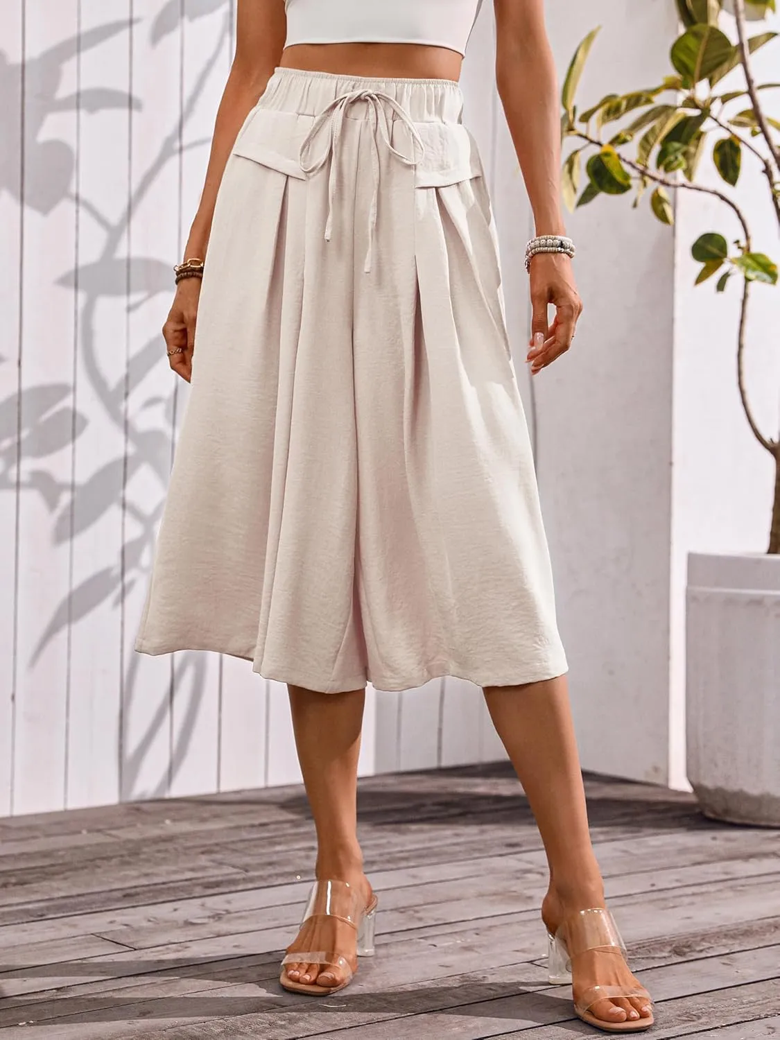 Wide Leg Capris Pants for Women Flowy Summer Casual Elastic Waist Cropped Pants Lounge Palazzo Trousers with Pocket