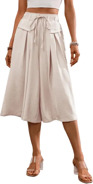 Wide Leg Capris Pants for Women Flowy Summer Casual Elastic Waist Cropped Pants Lounge Palazzo Trousers with Pocket