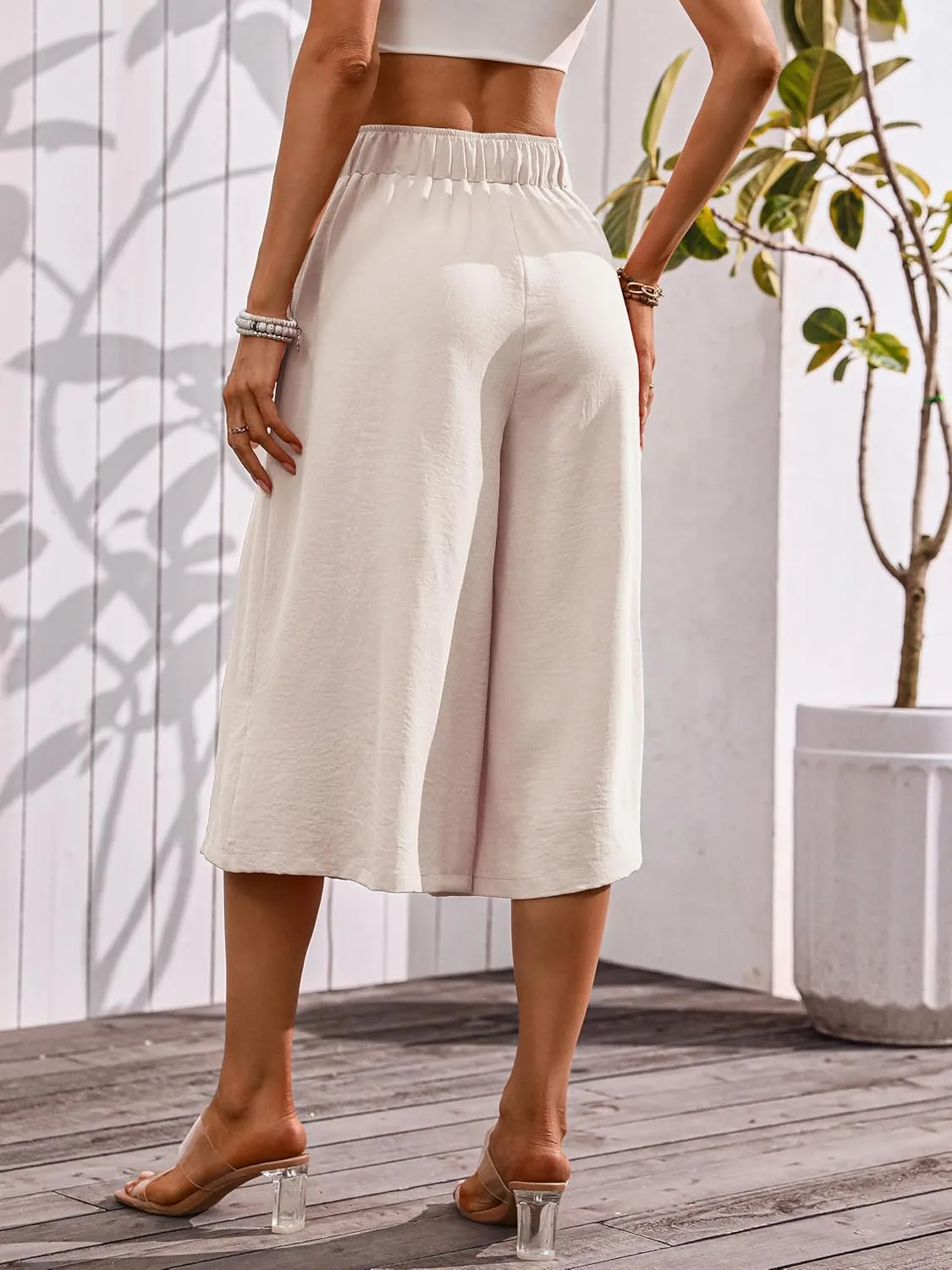 Wide Leg Capris Pants for Women Flowy Summer Casual Elastic Waist Cropped Pants Lounge Palazzo Trousers with Pocket