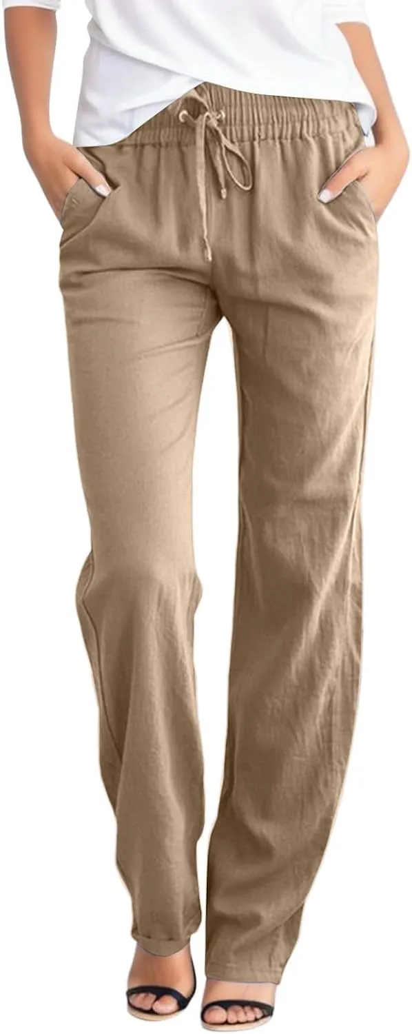 Wide Leg Linen Pants for Women Dressy Straight Leg Drawstring Elastic High Waist Loose Comfy Summer Trousers Pocket
