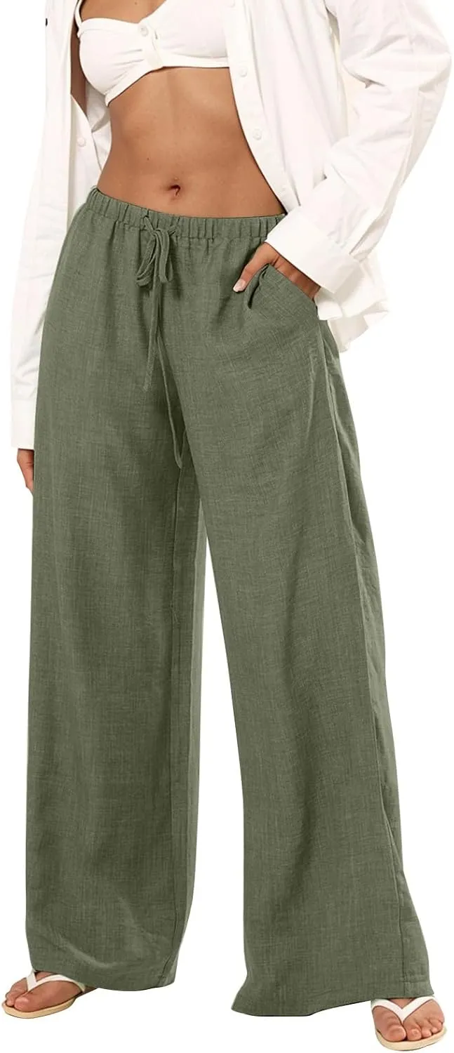 Wide Leg Linen Pants for Women Elastic Waist Flowy Palazzo Pant with Pockets Drawstring Loose Fit Summer Beach Pants