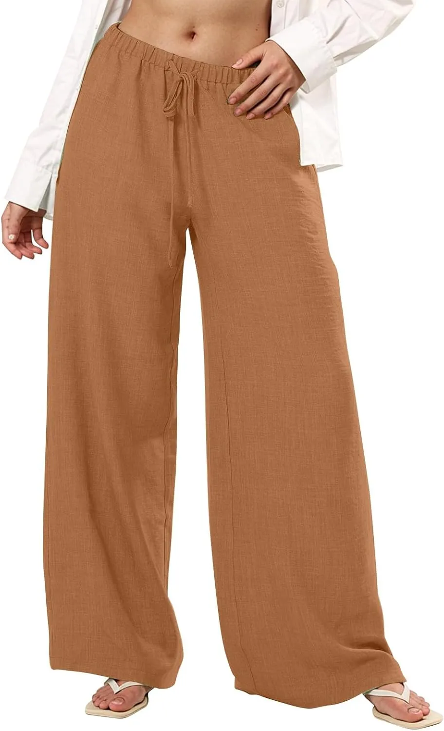 Wide Leg Linen Pants for Women Elastic Waist Flowy Palazzo Pant with Pockets Drawstring Loose Fit Summer Beach Pants