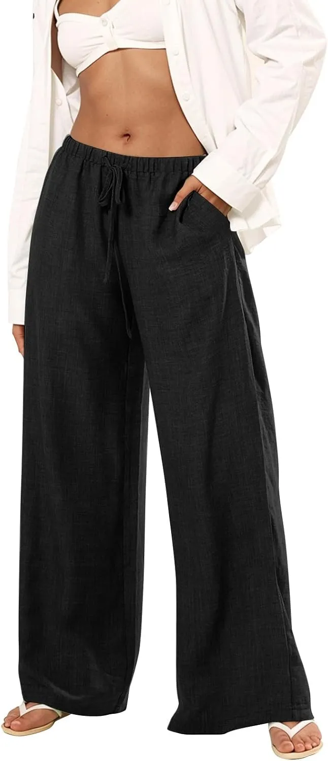 Wide Leg Linen Pants for Women Elastic Waist Flowy Palazzo Pant with Pockets Drawstring Loose Fit Summer Beach Pants