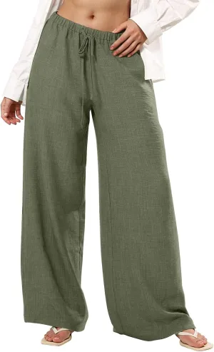 Wide Leg Linen Pants for Women Elastic Waist Flowy Palazzo Pant with Pockets Drawstring Loose Fit Summer Beach Pants