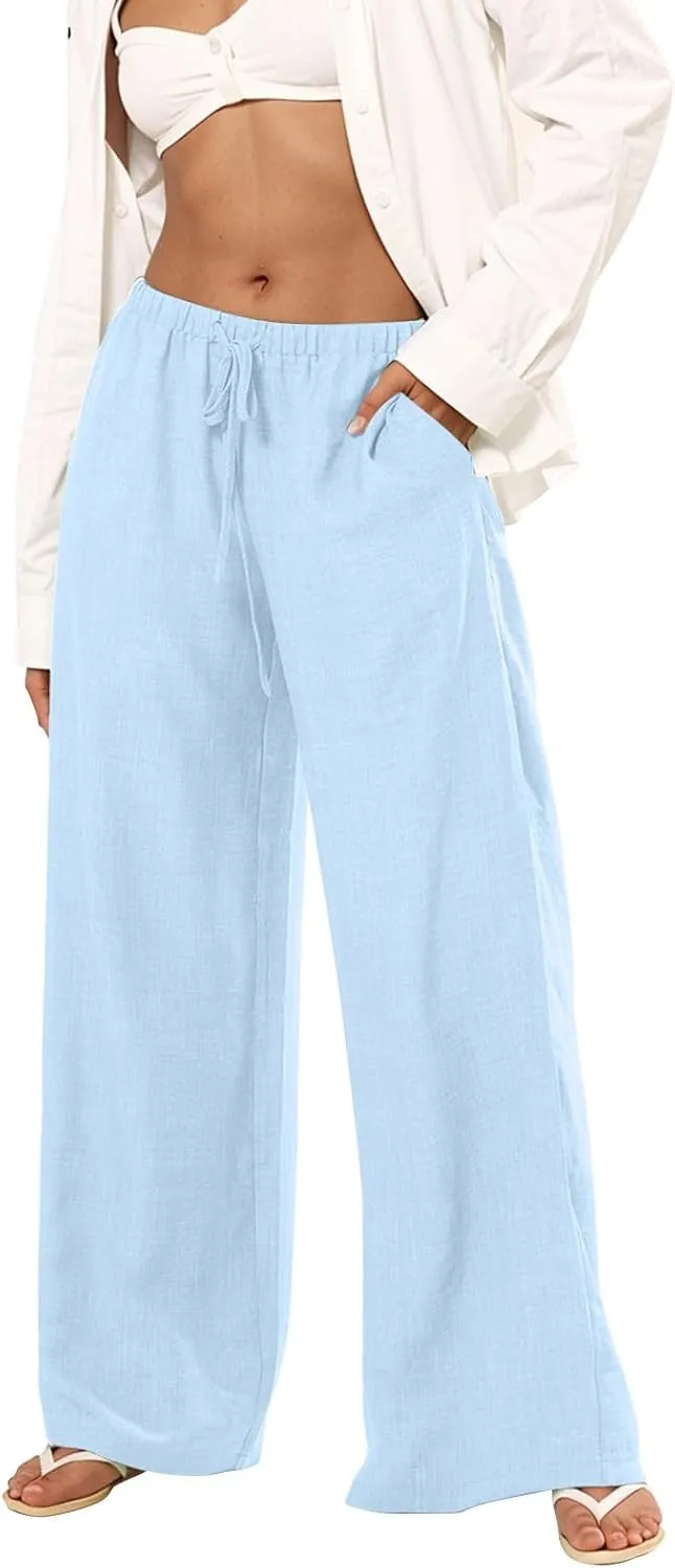 Wide Leg Linen Pants for Women Elastic Waist Flowy Palazzo Pant with Pockets Drawstring Loose Fit Summer Beach Pants