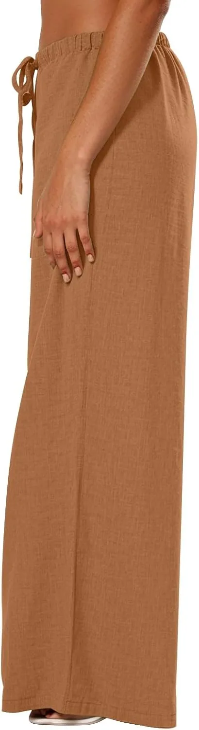 Wide Leg Linen Pants for Women Elastic Waist Flowy Palazzo Pant with Pockets Drawstring Loose Fit Summer Beach Pants