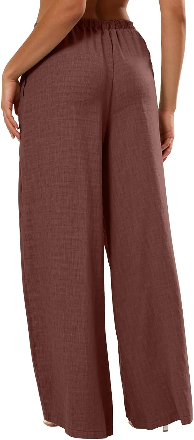 Wide Leg Linen Pants for Women Elastic Waist Flowy Palazzo Pant with Pockets Drawstring Loose Fit Summer Beach Pants