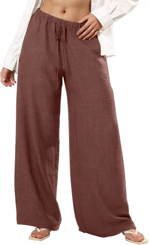 Wide Leg Linen Pants for Women Elastic Waist Flowy Palazzo Pant with Pockets Drawstring Loose Fit Summer Beach Pants