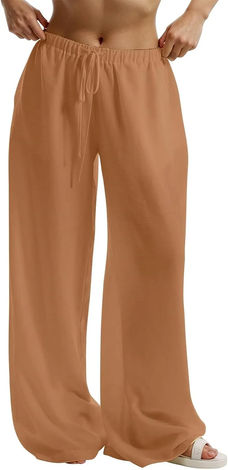 Wide Leg Linen Pants for Women Elastic Waist Flowy Palazzo Pant with Pockets Drawstring Loose Fit Summer Beach Pants