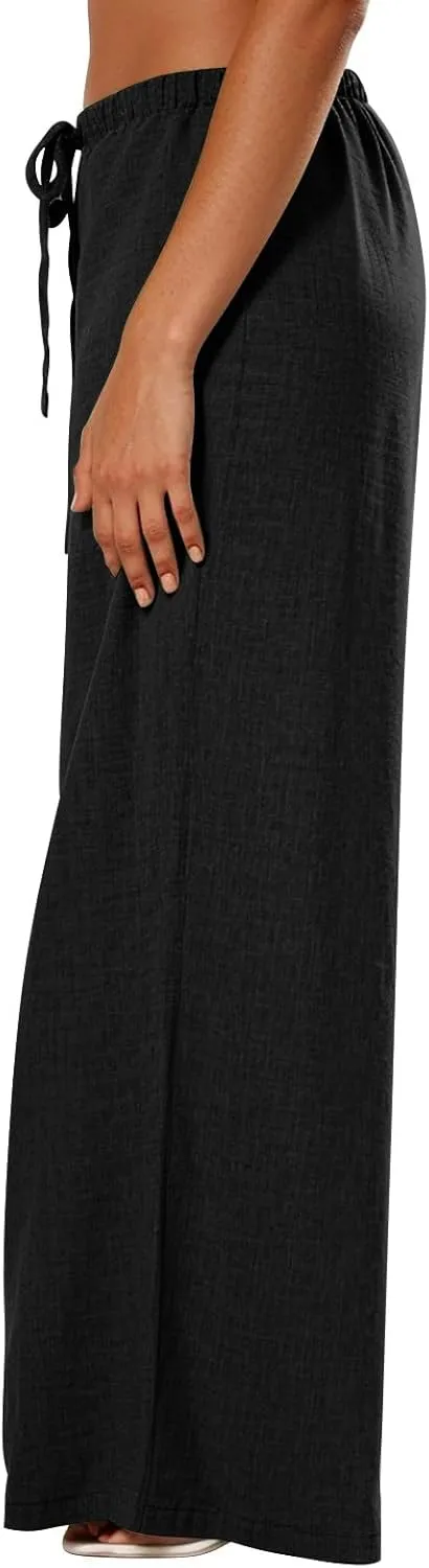 Wide Leg Linen Pants for Women Elastic Waist Flowy Palazzo Pant with Pockets Drawstring Loose Fit Summer Beach Pants