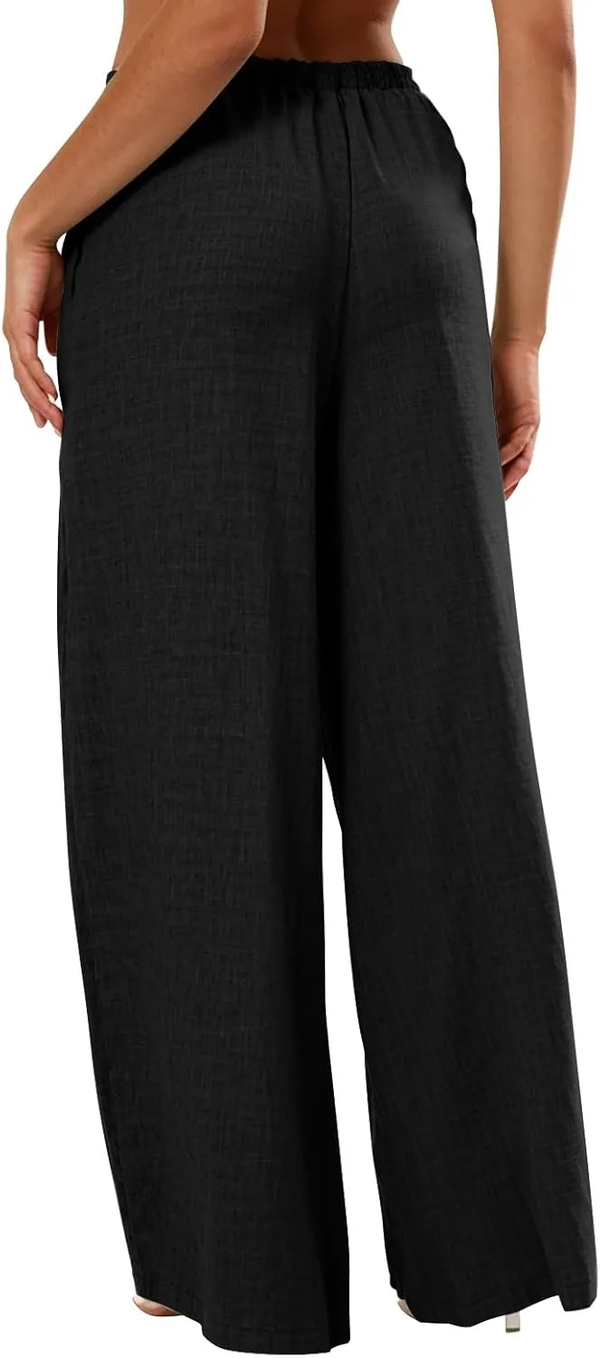 Wide Leg Linen Pants for Women Elastic Waist Flowy Palazzo Pant with Pockets Drawstring Loose Fit Summer Beach Pants