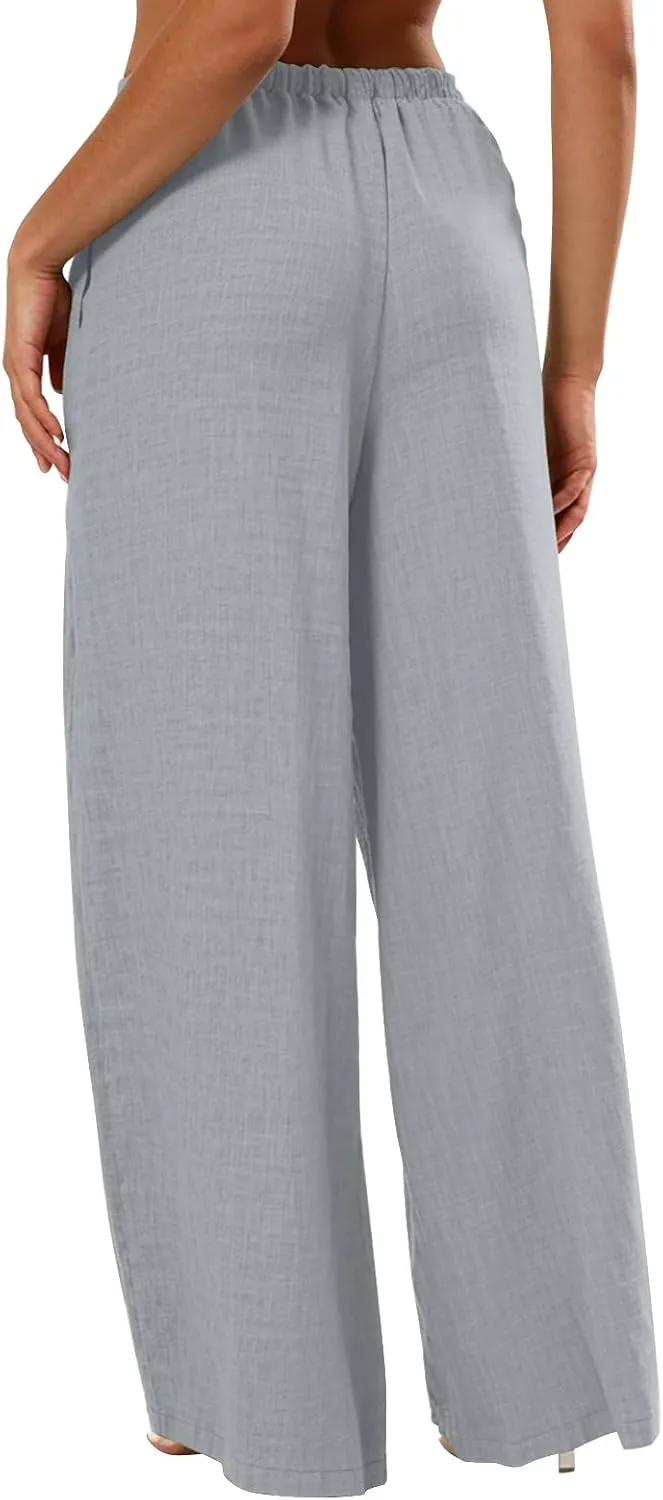 Wide Leg Linen Pants for Women Elastic Waist Flowy Palazzo Pant with Pockets Drawstring Loose Fit Summer Beach Pants