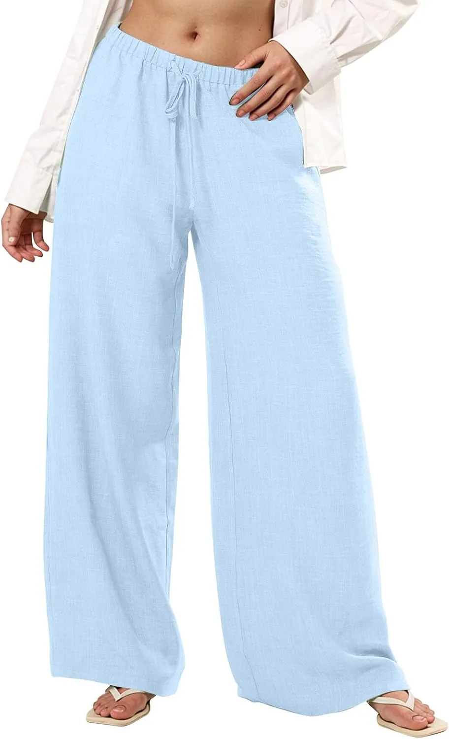 Wide Leg Linen Pants for Women Elastic Waist Flowy Palazzo Pant with Pockets Drawstring Loose Fit Summer Beach Pants