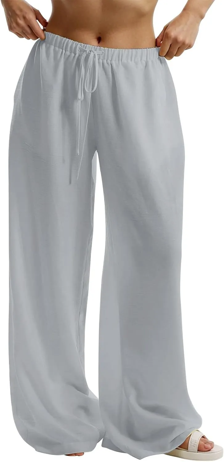 Wide Leg Linen Pants for Women Elastic Waist Flowy Palazzo Pant with Pockets Drawstring Loose Fit Summer Beach Pants