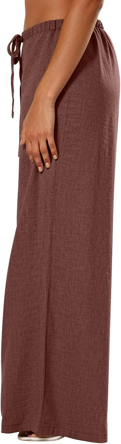 Wide Leg Linen Pants for Women Elastic Waist Flowy Palazzo Pant with Pockets Drawstring Loose Fit Summer Beach Pants
